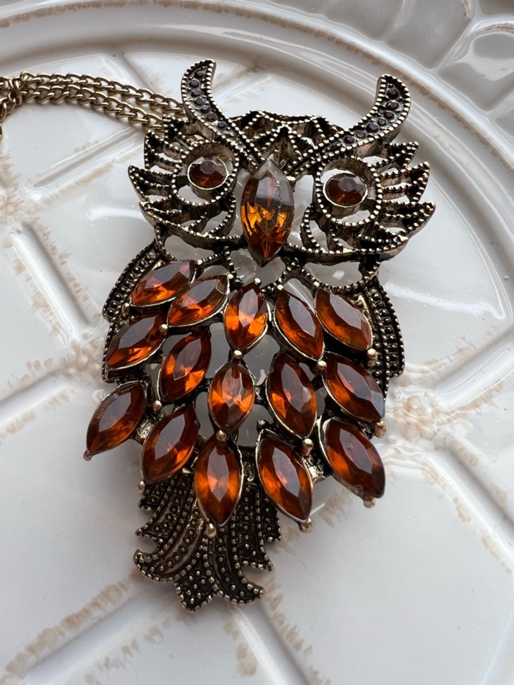 Vintage Style Amber Owl Pendant Long Statement Necklace Bronze Tone